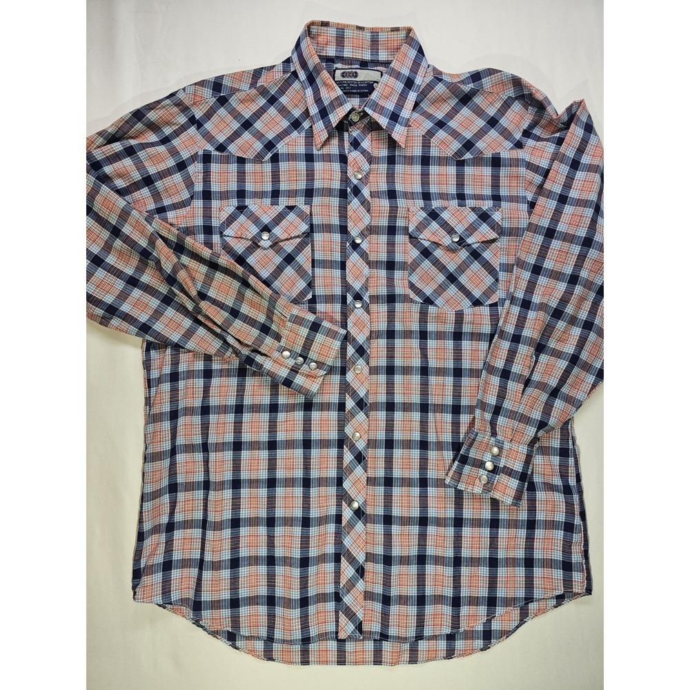 VIP Men's L Western Pearl Snap Shirt‎ Blue Red Plaid Long Sleeve Cowboy Rodeo